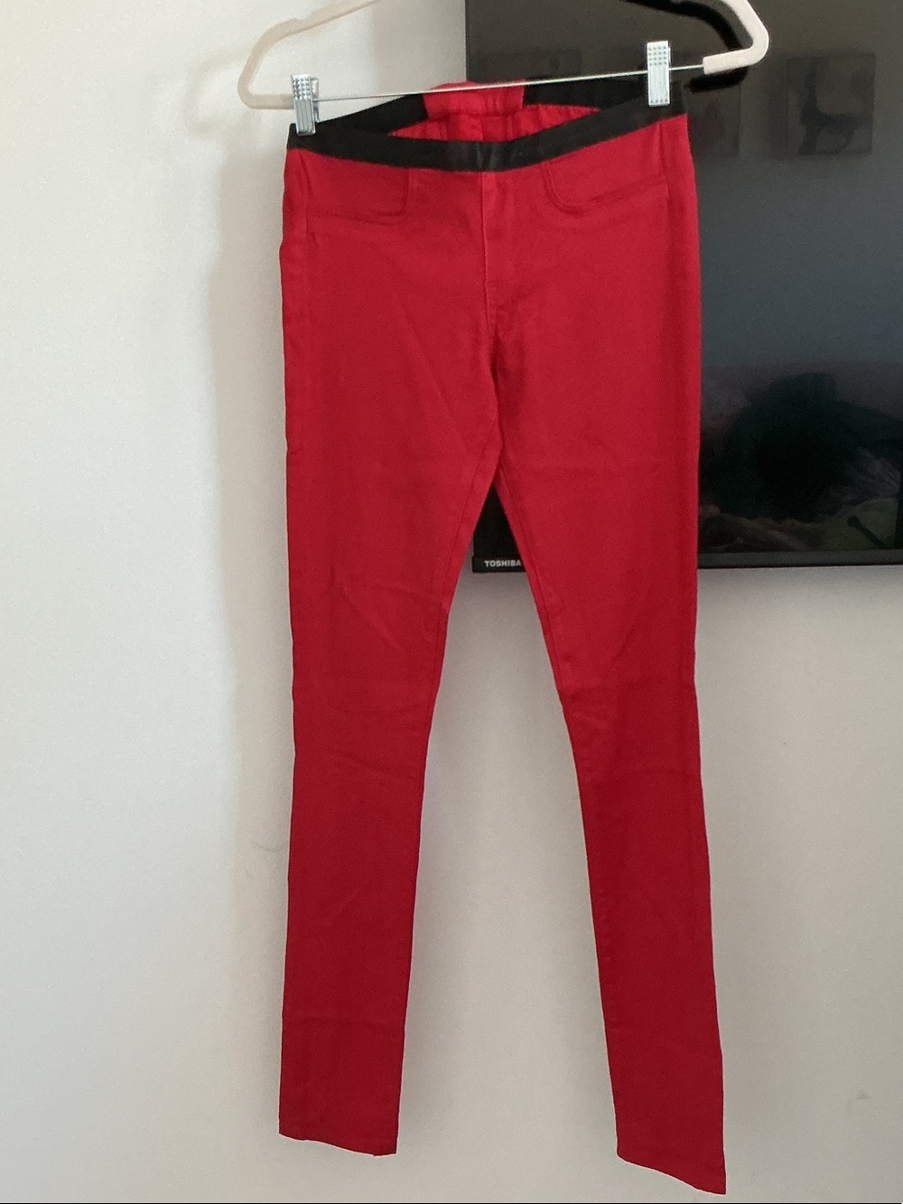 Helmut Lang Red Skinny Stretch Pants with Black Waist Trim
